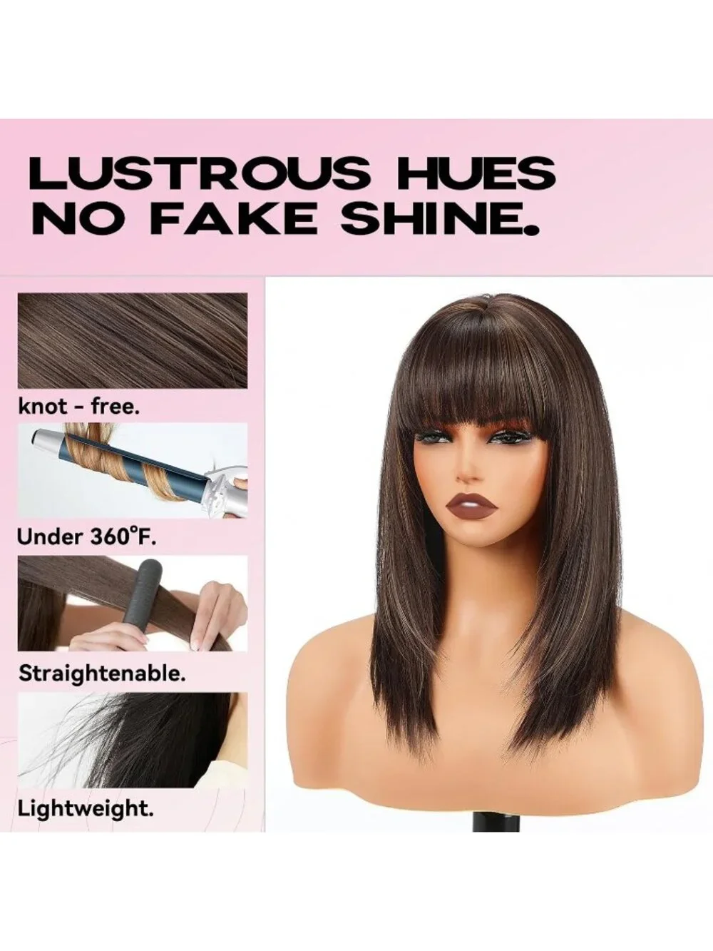 Women's 16 Inch Brown Gold Highlight Wig Bangs Layered Straight Shoulder Length